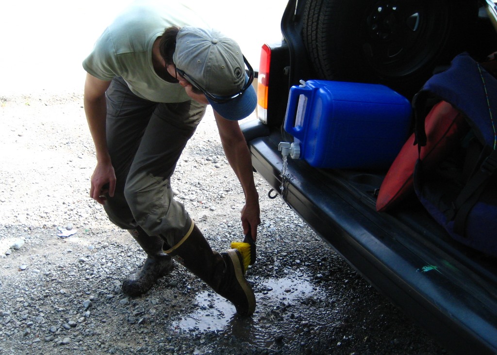 Washing mud off boots with water and a brush to stop weeds from spreading.