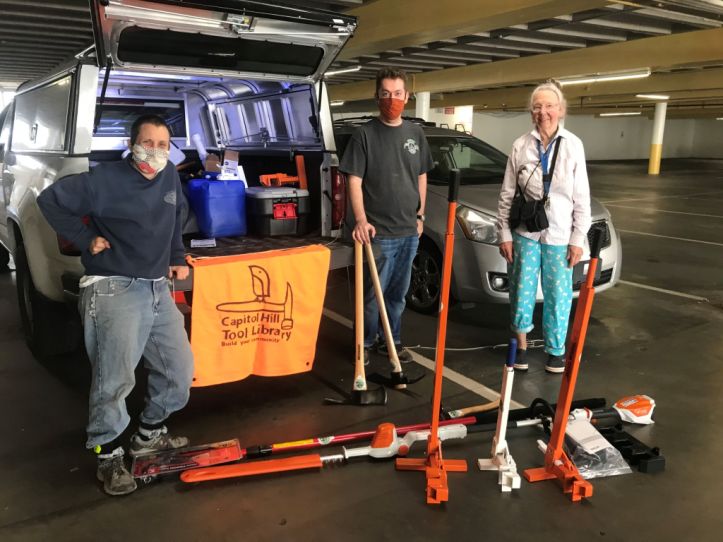 Capitol Hill Tool Library volunteers get supplied with weed wrenches and other weed control tools courtesy of King County Noxious Weed Control’s Healthy Lands Project